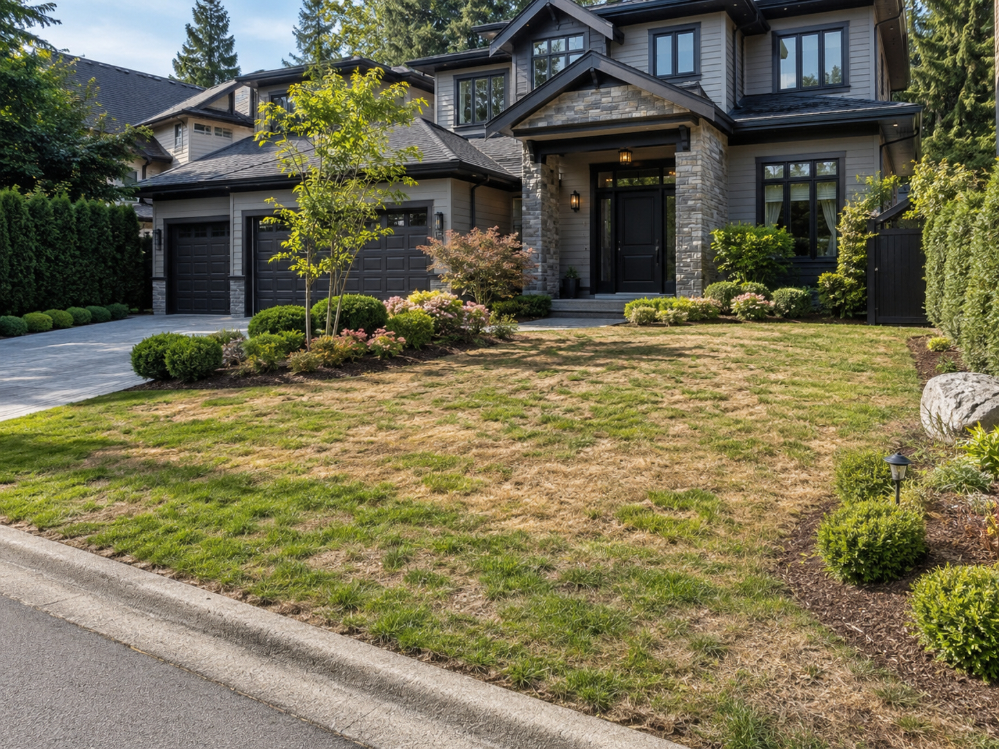 Front yard with patchy, flattened turf before grooming